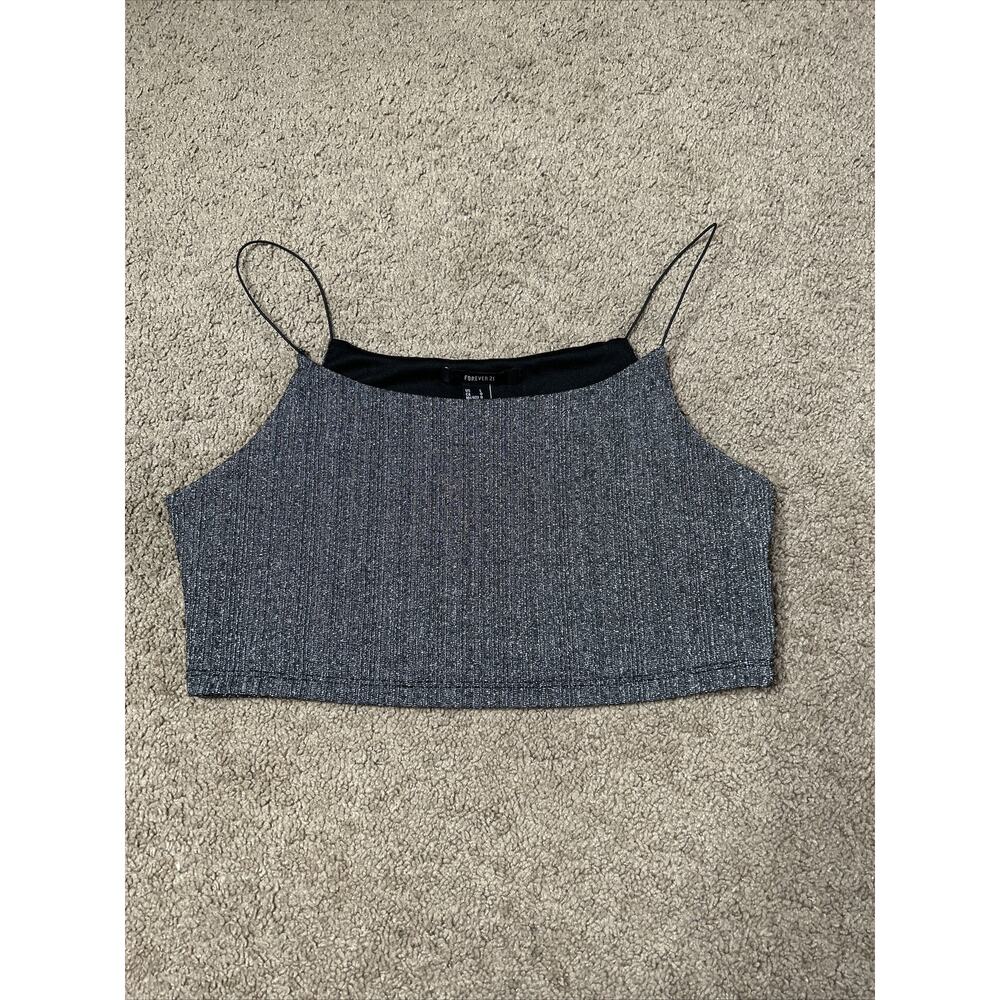 Women’s Size Large Forever 21 Metallic Silver & Black Cropped Tank Top